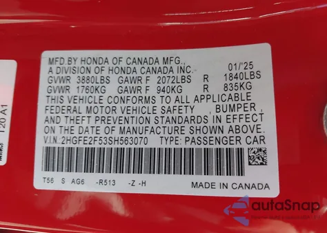 2025 Honda Civic Sport z USA, uszkodzony, nr VIN 2HGFE2F53SH563070